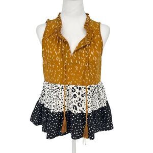 THML Women's Sleeveless Ruffle Peplum Top XS Tiered Animal Dot Print Boho Blouse
